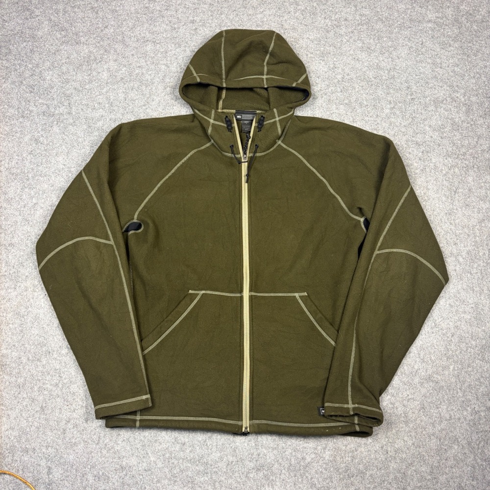 REI Mens Fleece Hoodie Full Zip Olive Green Flatlock Stitch Jacket Large